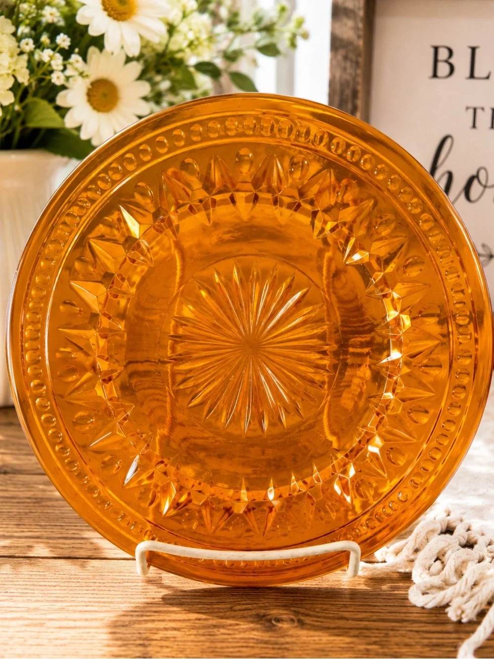 Vintage Amber MCM Indian Pressed Glass Decorative Plate